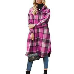 Ainangua Women's Casual Wool Blend Long Plaid Shirt Jacket Button Down Pocketed Shirt Shacket (Rose Red, XS)