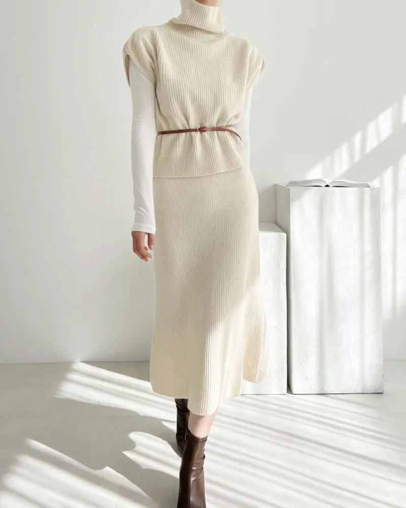 Casual Two-piece Outfits Turtleneck Sleeveless Sweater Vest and Mid-length Skirts Sets