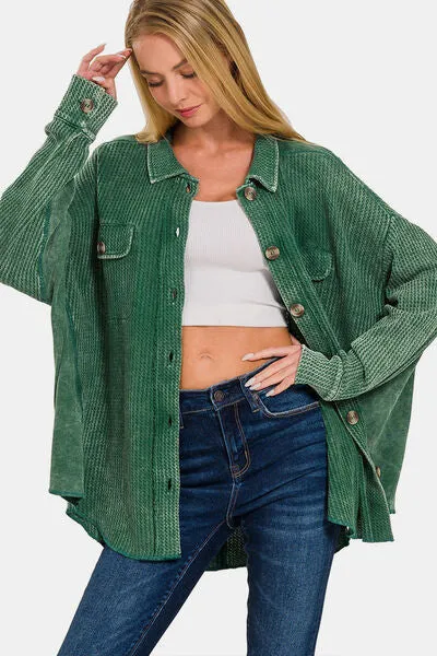 Explore More Collection - Zenana Button Up Washed Waffle Shacket