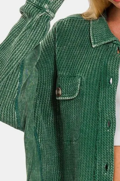 Explore More Collection - Zenana Button Up Washed Waffle Shacket