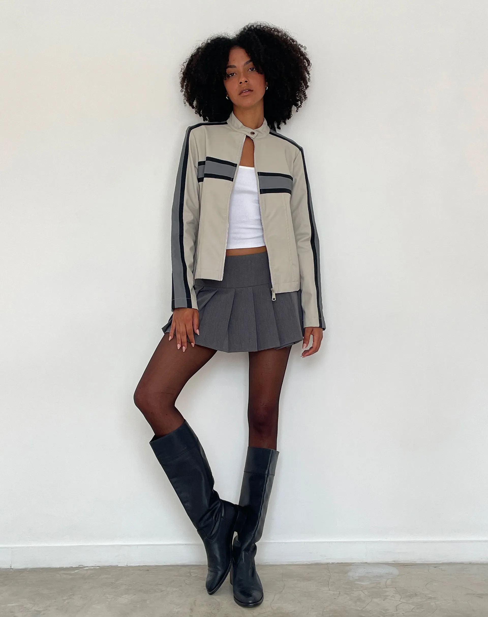 MOTEL X JACQUIE Oliver Zip Up Jacket in Grey PU with Dark Grey Stripe