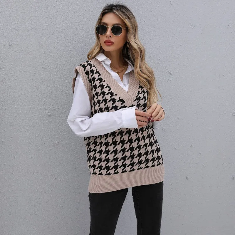PEOPLETERRITORY New 2025 popular women's clothing Thousand Birds grid v-neck loose knitted vest retro commuter sweater vest