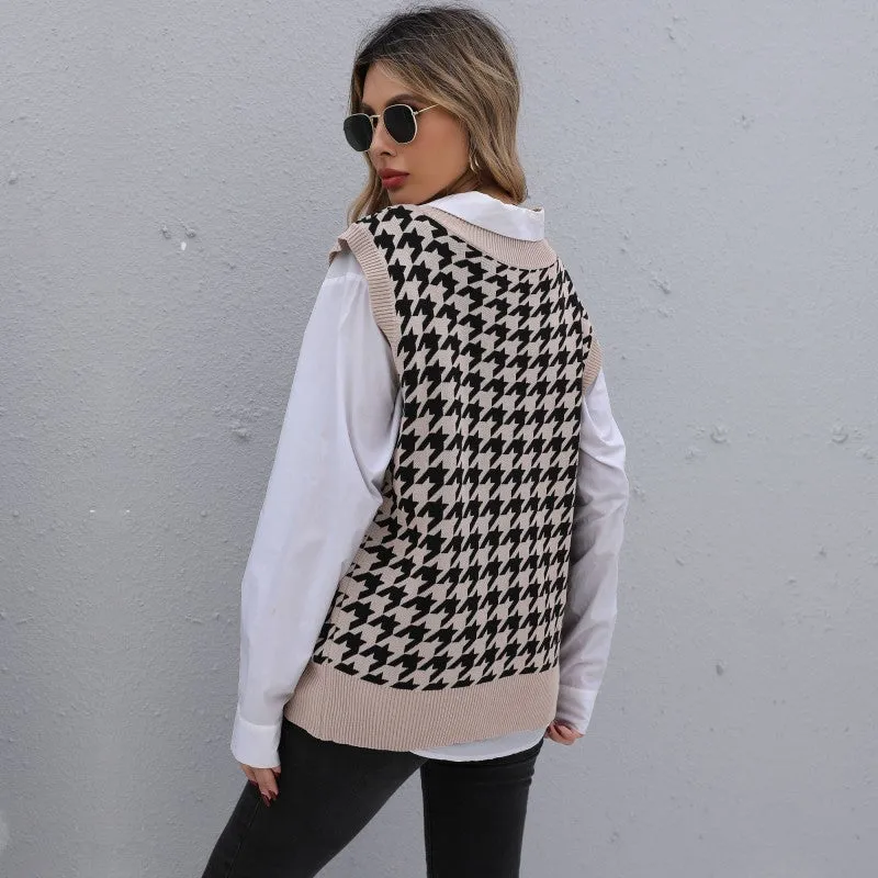 PEOPLETERRITORY New 2025 popular women's clothing Thousand Birds grid v-neck loose knitted vest retro commuter sweater vest