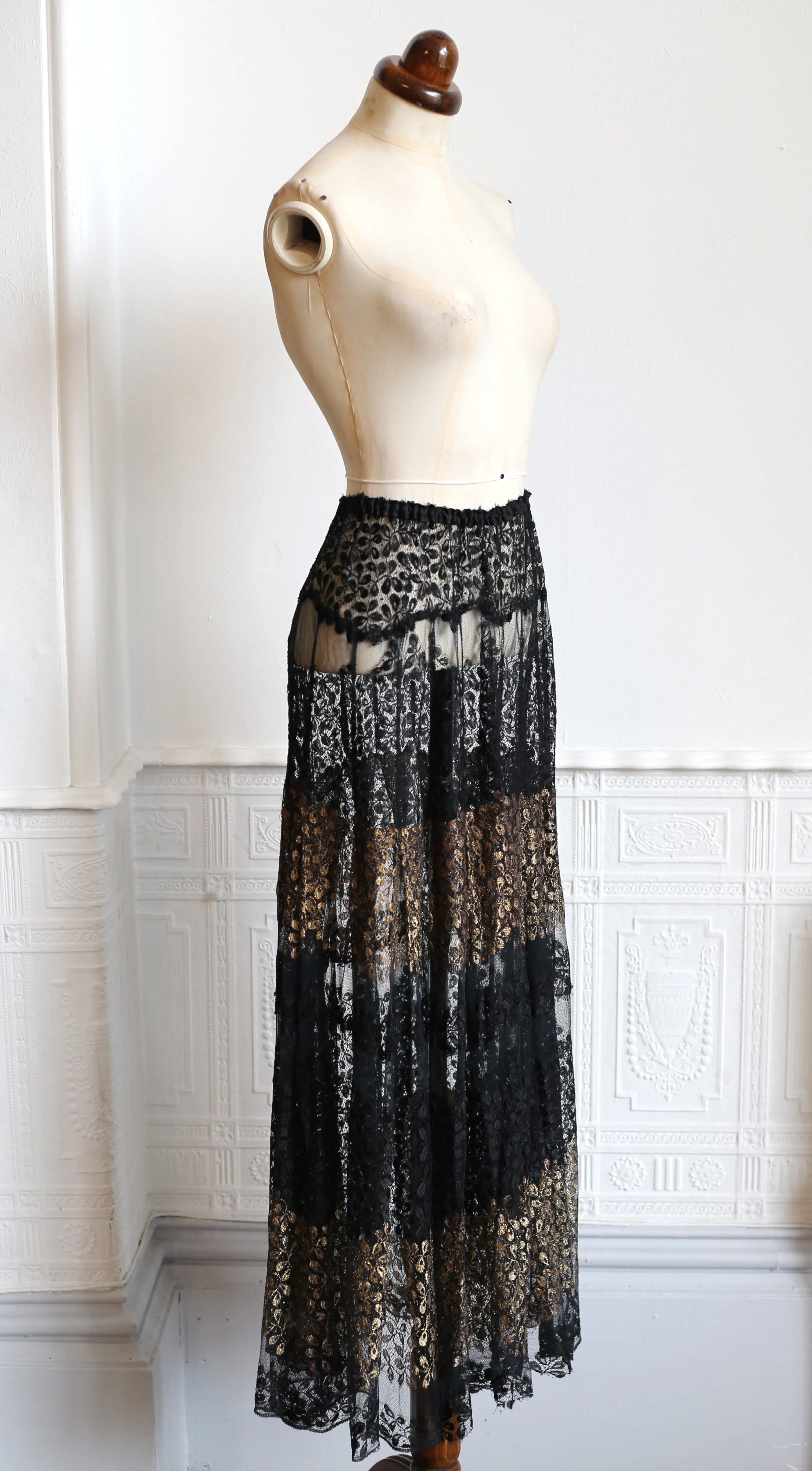 RESERVED FOR LINDA Vintage 1920s Black and Gold Lace Skirt