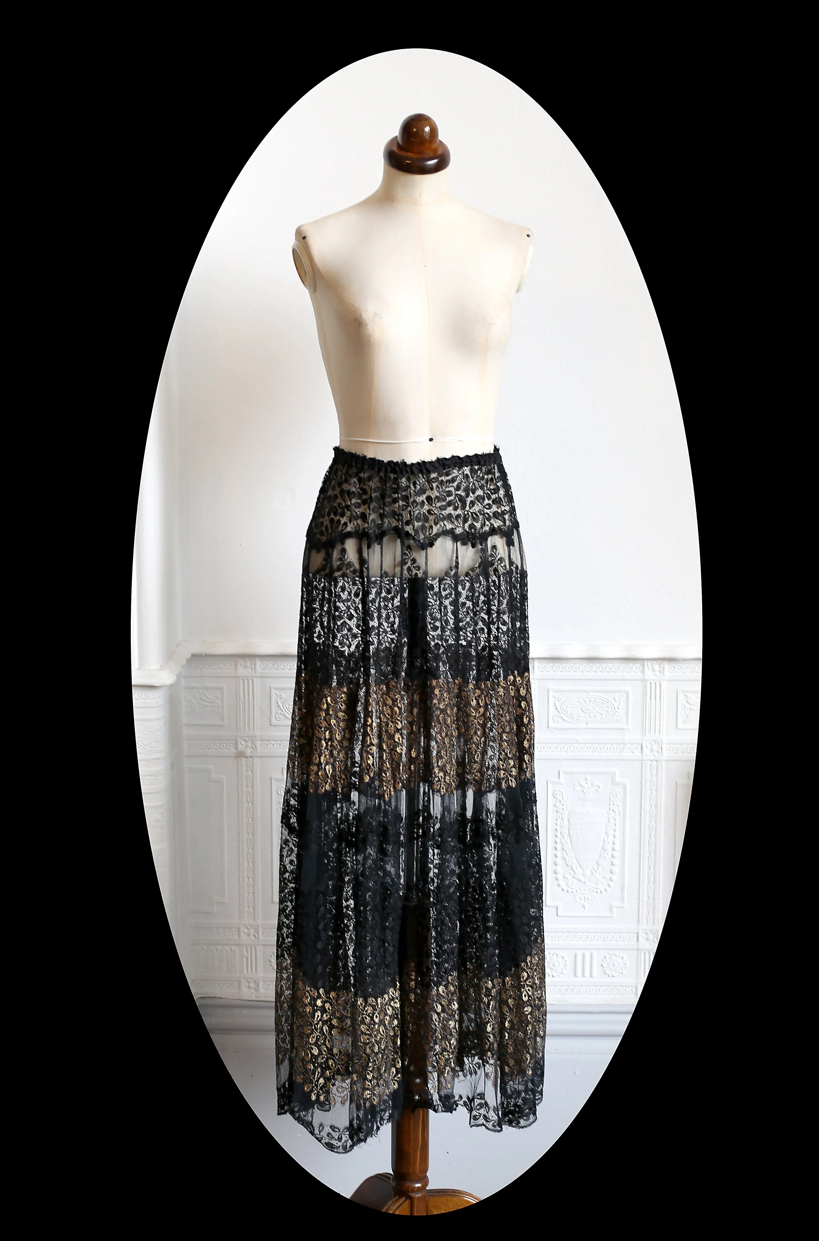 RESERVED FOR LINDA Vintage 1920s Black and Gold Lace Skirt
