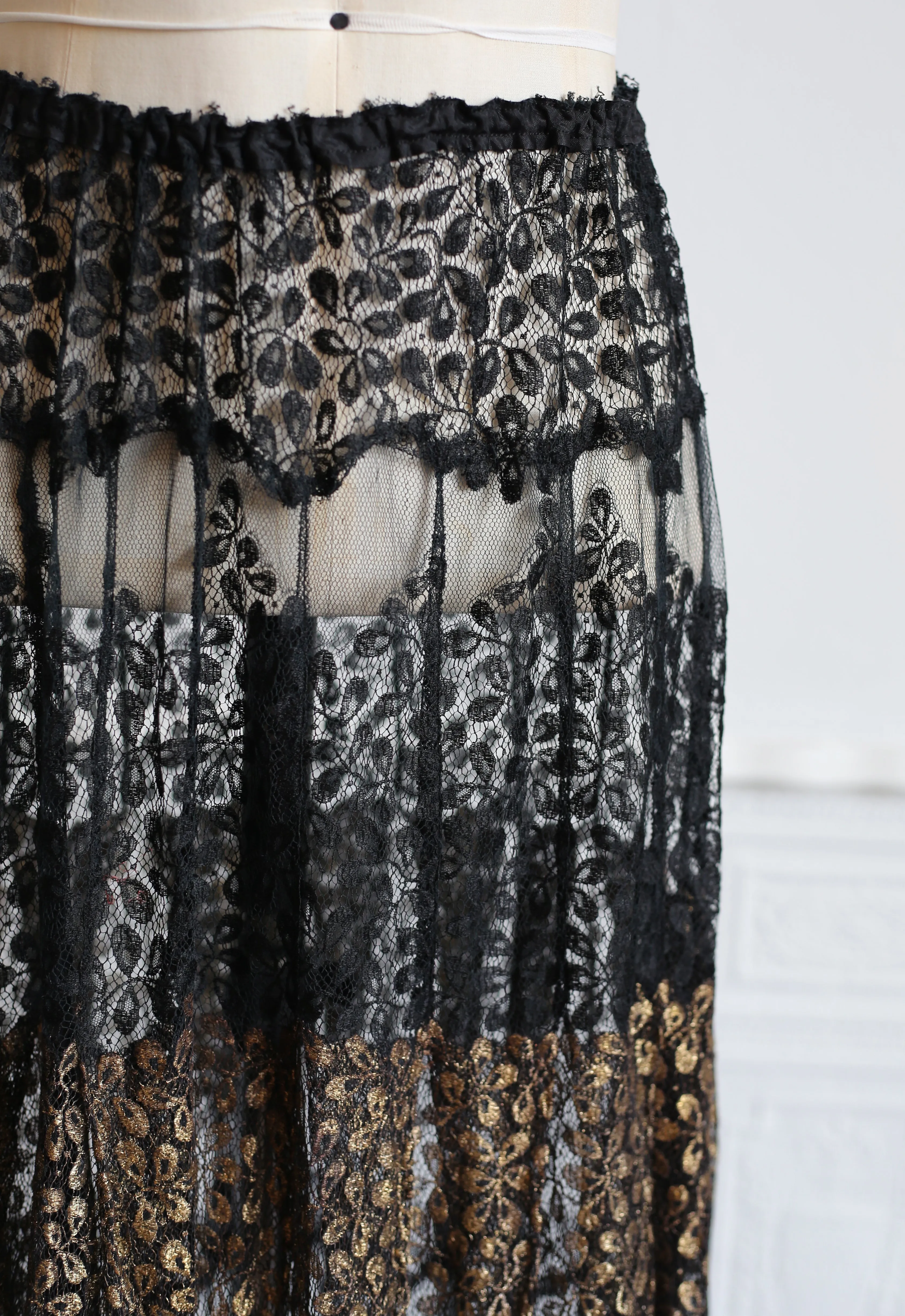 RESERVED FOR LINDA Vintage 1920s Black and Gold Lace Skirt