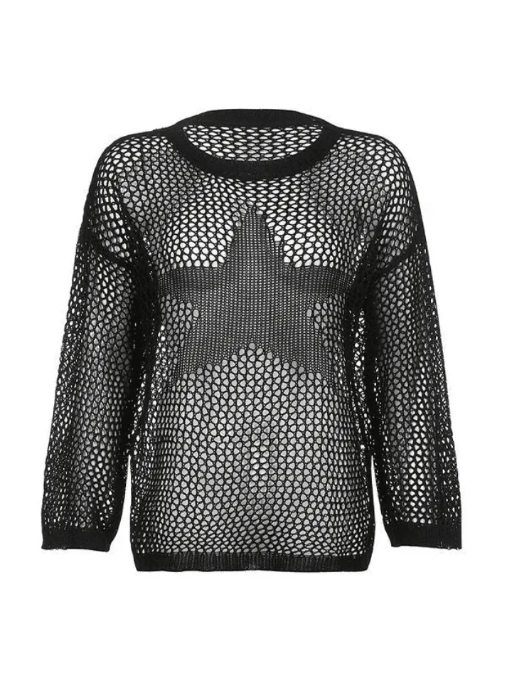 Wenkouban-Spring Casual Outfits Y2K Outfits Hollow Out Star Crochet Knit Top